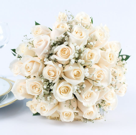 white rose bouquet - ways to save money on wedding